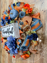 Load image into Gallery viewer, Thankful Fall Wreath with Blue Pumpkins, Navy and Rust Orange Flowers, Rustic Thanksgiving Door Decor