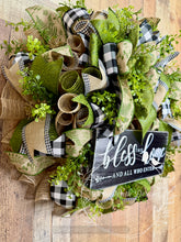 Load image into Gallery viewer, Bless This Home Wreath – Farmhouse Greenery & Black Buffalo Check Door Decor