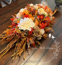 Load image into Gallery viewer, 32” Pumpkin Fall Centerpiece with Cream and Orange Flowers – Thanksgiving Floral Arrangement