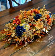 Load image into Gallery viewer, 28” Fall Table Centerpiece with Sunflowers and Navy Accents – Autumn Floral Arrangement