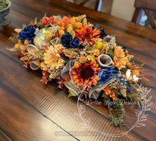 Load image into Gallery viewer, 28” Fall Table Centerpiece with Sunflowers and Navy Accents – Autumn Floral Arrangement