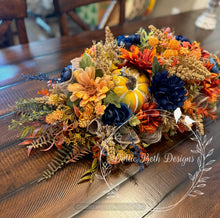 Load image into Gallery viewer, 28” Fall Table Centerpiece with Sunflowers and Navy Accents – Autumn Floral Arrangement