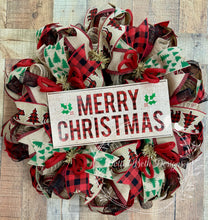 Load image into Gallery viewer, Merry Christmas Buffalo Plaid Wreath – Rustic Farmhouse Holiday Door Decor