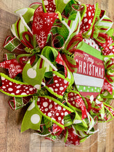 Load image into Gallery viewer, Merry Christmas Deco Mesh Wreath with Red, Green, and White Ribbons