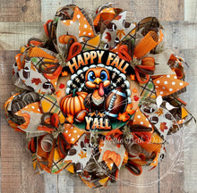 Load image into Gallery viewer, Happy Fall Y’all Turkey Wreath – Football & Pumpkin Deco Mesh Door Décor
