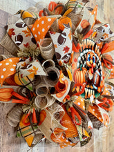 Load image into Gallery viewer, Happy Fall Y’all Turkey Wreath – Football & Pumpkin Deco Mesh Door Décor
