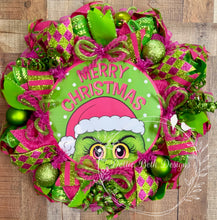 Load image into Gallery viewer, Green Monster Merry Christmas Wreath – Pink and Green Whimsical Holiday Decor