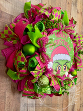 Load image into Gallery viewer, Green Monster Merry Christmas Wreath – Pink and Green Whimsical Holiday Decor