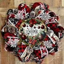 Load image into Gallery viewer, Buffalo Plaid Christmas Welcome Wreath with Pinecones and Snowflakes
