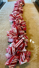 Load image into Gallery viewer, Peppermint Candy Cane Christmas Garland – Red and White Mesh and Ribbon Centerpiece