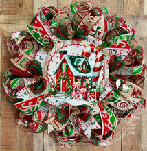 Load image into Gallery viewer, Gingerbread Peppermint House Wreath – Red, Green & White Christmas Wreath
