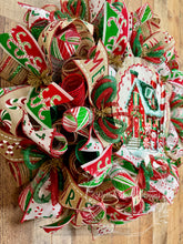 Load image into Gallery viewer, Gingerbread Peppermint House Wreath – Red, Green & White Christmas Wreath