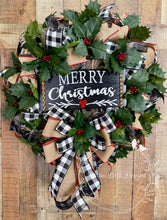Load image into Gallery viewer, Merry Christmas Holly & Buffalo Check Wreath – Classic Christmas Front Door Decor