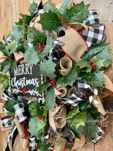 Load image into Gallery viewer, Merry Christmas Holly & Buffalo Check Wreath – Classic Christmas Front Door Decor