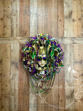 Load image into Gallery viewer, Mardi Gras Masquerade Wreath with Venetian Mask and Beads