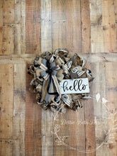 Load image into Gallery viewer, Neutral Farmhouse Hello Wreath with Black & White Ribbon – Rustic Front Door Decor
