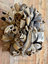 Load image into Gallery viewer, Neutral Farmhouse Hello Wreath with Black & White Ribbon – Rustic Front Door Decor