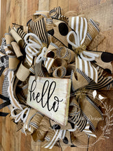 Load image into Gallery viewer, Neutral Farmhouse Hello Wreath with Black & White Ribbon – Rustic Front Door Decor