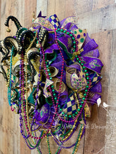 Load image into Gallery viewer, Mardi Gras Jester Mask Wreath with Beads – Purple Green Gold Front Door Decor
