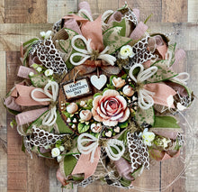 Load image into Gallery viewer, Valentine’s Day Floral Wreath – Rustic Pink & Green Romantic Door Décor