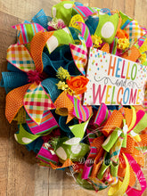 Load image into Gallery viewer, Hello and Welcome Spring Summer Wreath, Colorful Front Door Wreath with Bow, Bright Ribbon Mesh Wreath