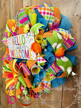 Load image into Gallery viewer, Hello and Welcome Spring Summer Wreath, Colorful Front Door Wreath with Bow, Bright Ribbon Mesh Wreath