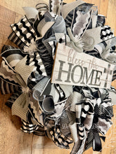 Load image into Gallery viewer, Bless This Home Neutral Black and Gray Cross Wreath – Farmhouse Christian Front Door Decor