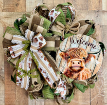 Load image into Gallery viewer, Highland Cow Welcome Wreath, Farmhouse Green and Neutral Deco Mesh Wreath with Rustic Bow, Country Front Door Decor