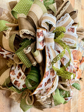 Load image into Gallery viewer, Highland Cow Welcome Wreath, Farmhouse Green and Neutral Deco Mesh Wreath with Rustic Bow, Country Front Door Decor