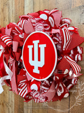 Load image into Gallery viewer, Indiana University Hoosiers Red & White Ribbon Wreath – Collegiate Front Door Decor