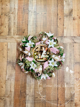 Load image into Gallery viewer, Easter Bunny Wreath with Cross Sign, Pink and Green Spring Deco Mesh Wreath, Easter Blessings Front Door Decor