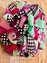 Load image into Gallery viewer, Whimsical Pink Rabbit Easter Wreath with Black and White Harlequin Ribbon