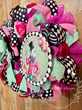Load image into Gallery viewer, Whimsical Pink Rabbit Easter Wreath with Black and White Harlequin Ribbon