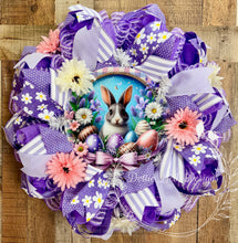 Load image into Gallery viewer, Purple Easter Bunny Wreath with Floral Accents and Decorative Eggs – Spring Front Door Decor