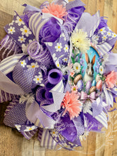 Load image into Gallery viewer, Purple Easter Bunny Wreath with Floral Accents and Decorative Eggs – Spring Front Door Decor