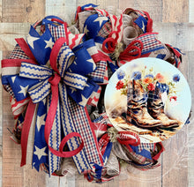 Load image into Gallery viewer, Patriotic Cowboy Boot Wreath – Red White and Blue Western Front Door Decor