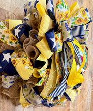 Load image into Gallery viewer, Texas Longhorn Sunflower Wreath – Bluebonnet & Navy Ribbon Front Door Decor