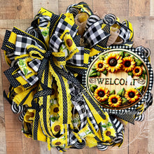 Load image into Gallery viewer, Sunflower Welcome Wreath with Black and White Buffalo Check, Yellow Ribbon Bow, Rustic Farmhouse Front Door Decor