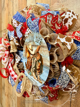 Load image into Gallery viewer, Rodeo Life Western Cowboy Wreath – Patriotic Cow Print & Bandana Mesh Door Decor