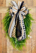 Load image into Gallery viewer, Farmhouse Bead Grass Wreath Swag with Black and Tan Bow, Neutral Front Door Decor, Buffalo Check Rustic Farmhouse Door Hanger