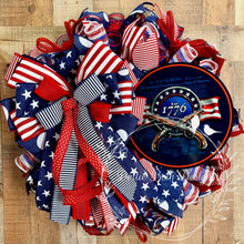 Load image into Gallery viewer, Patriotic 1776 Americana Wreath – Red White and Blue Deco Mesh Front Door Wreath with Revolutionary War Sign