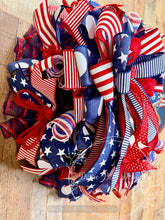 Load image into Gallery viewer, Patriotic 1776 Americana Wreath – Red White and Blue Deco Mesh Front Door Wreath with Revolutionary War Sign
