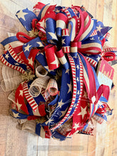 Load image into Gallery viewer, Land That I Love - Patriotic Stars and Stripes Deco Mesh Wreath with Rustic Sign