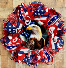 Load image into Gallery viewer, Patriotic Eagle Wreath with American Flag Ribbon – Red White and Blue Deco Mesh Front Door Wreath