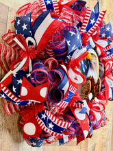Load image into Gallery viewer, Patriotic Eagle Wreath with American Flag Ribbon – Red White and Blue Deco Mesh Front Door Wreath