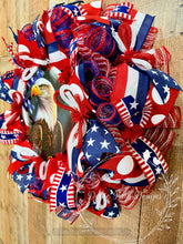 Load image into Gallery viewer, Patriotic Eagle Wreath with American Flag Ribbon – Red White and Blue Deco Mesh Front Door Wreath