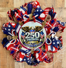 Load image into Gallery viewer, Patriotic 250th Anniversary Wreath – USA 1776–2026 Eagle Deco Mesh Door Wreath