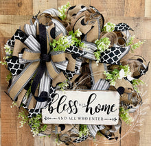 Load image into Gallery viewer, Farmhouse Bless This Home Wreath with Neutral Burlap, Black and White Ribbon, and Greenery – Approx 25 Inch Door Wreath