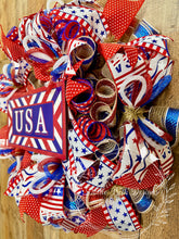 Load image into Gallery viewer, Patriotic USA Deco Mesh Wreath – Red White Blue Fourth of July Door Wreath – 25 Inch