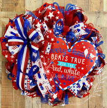 Load image into Gallery viewer, Patriotic Wreath – “Every Heart Beats True” Red White and Blue Deco Mesh Wreath with Firework Ribbon and Large Bow